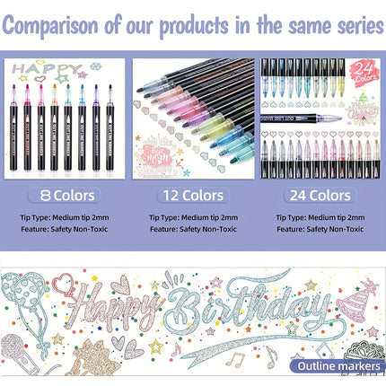 8/12/24 Colors Double Self-Outline Metallic Markers - Dual Tip Craft Pens for Scrapbooking, Easter Eggs & Card Making