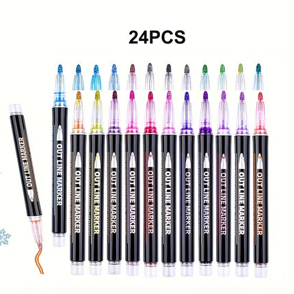 8/12/24 Colors Double Self-Outline Metallic Markers - Dual Tip Craft Pens for Scrapbooking, Easter Eggs & Card Making