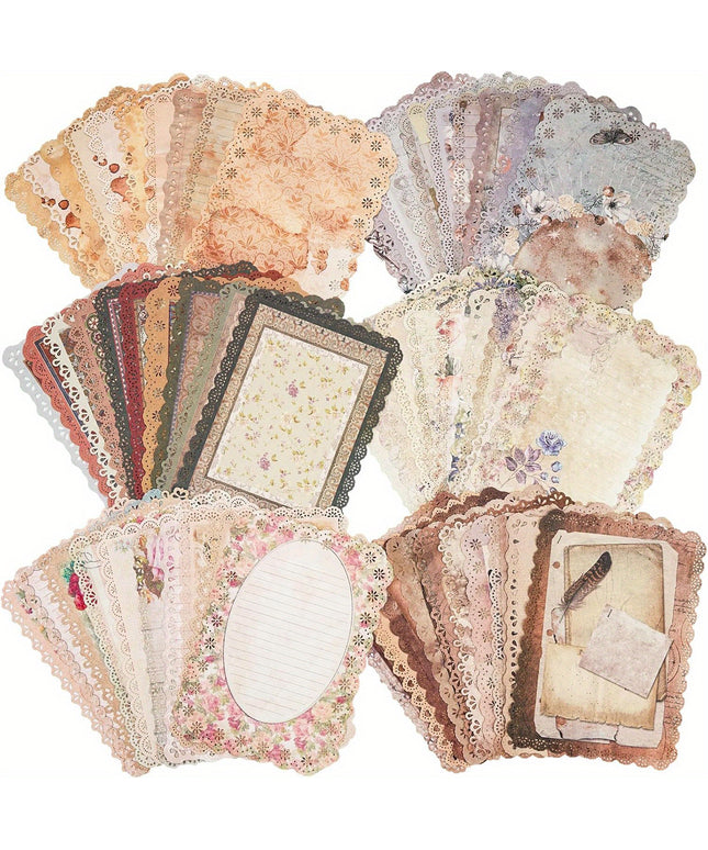 60 Sheets Lace Edged Scrapbook Stationery Paper Assorted Set - 6 Pack Vintage Paper for Letter Writing Scrapbooking Embellishments Planner Bullet Junk Journal Supplies Collage Background