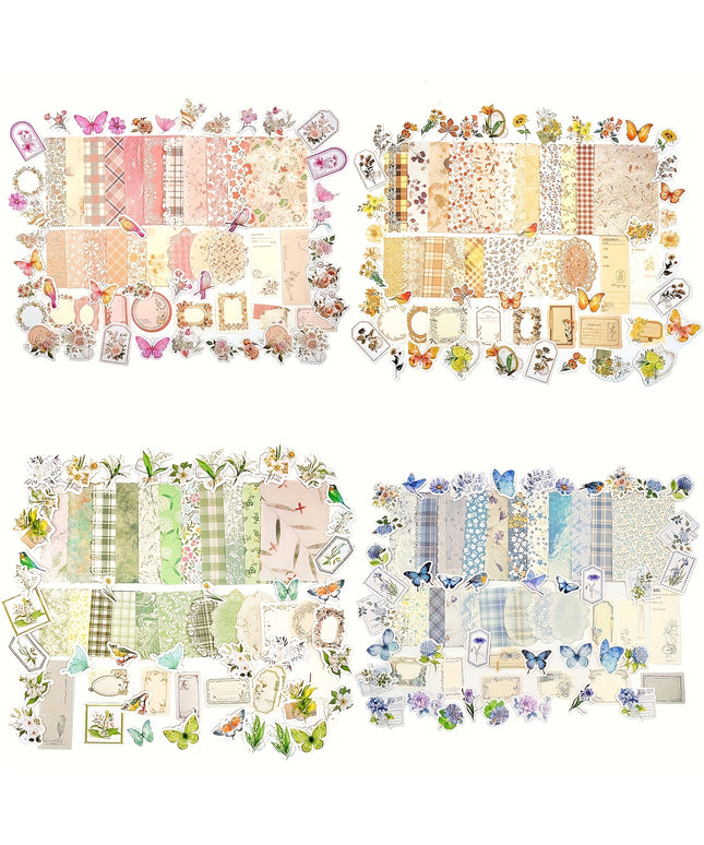 400pcs/4 Pack Vintage Floral Scrapbook Paper & Journaling Stickers Assorted Set Junk Journal Supplies for Journaling Retro Crafts Planner Mixed Media Collage Card Album DIY Scrapbooking