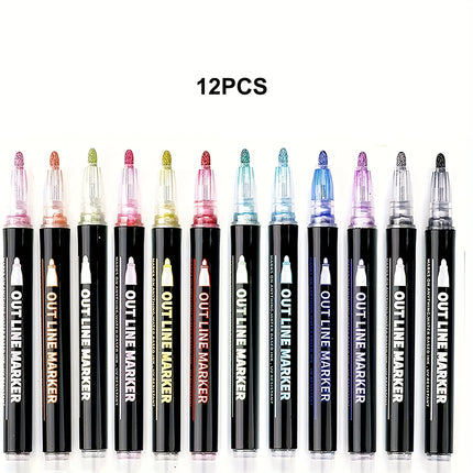 8/12/24 Colors Double Self-Outline Metallic Markers - Dual Tip Craft Pens for Scrapbooking, Easter Eggs & Card Making