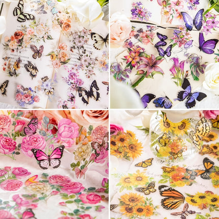 300pcs Transparent PET Butterfly & Flower Stickers - Waterproof Floral Decals for Journaling, Scrapbooking & DIY Crafts