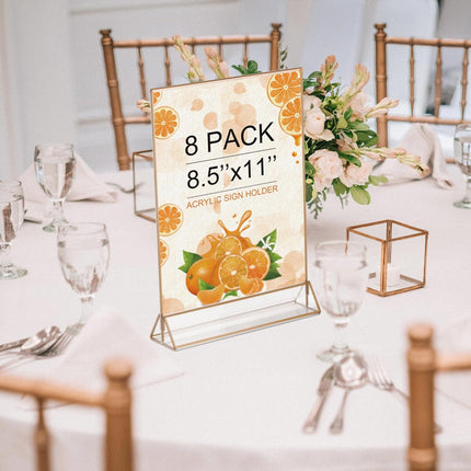 8pcs Gold Frame Acrylic Sign Holder 8.5x11 inch - Double Sided Table Menu Holders for Wedding, Restaurant & Events