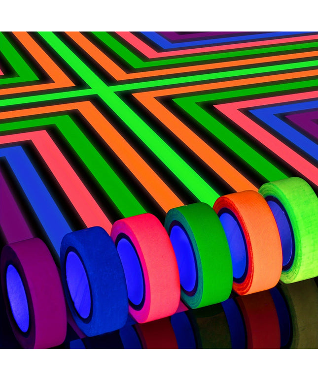 6 Rolls Neon Gaffer Cloth Tape | Fluorescent UV Blacklight Reactive Tape for Party Decor, Dance Floors & Events | 15mm x 5m (0.6" x 16.5') Glow Tape