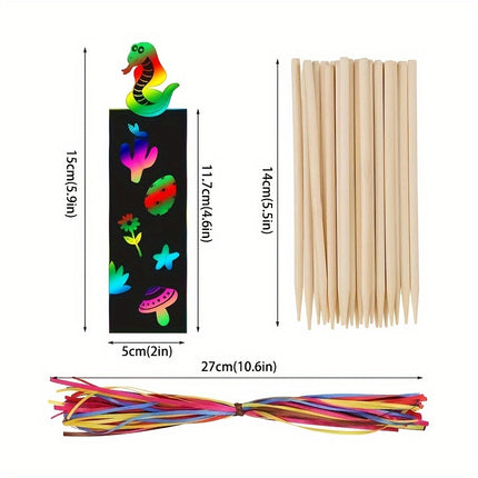 48 Pcs Animal Scratch Art Bookmark Kit - Magic Rainbow DIY Craft Set with 16 Wooden Styluses & 48 Satin Ribbons for Kids