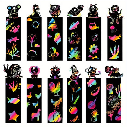 48 Pcs Animal Scratch Art Bookmark Kit - Magic Rainbow DIY Craft Set with 16 Wooden Styluses & 48 Satin Ribbons for Kids