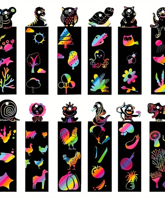 48 Pcs Animal Scratch Art Bookmark Kit - Magic Rainbow DIY Craft Set with 16 Wooden Styluses & 48 Satin Ribbons for Kids