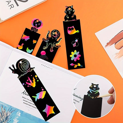 48 Pcs Animal Scratch Art Bookmark Kit - Magic Rainbow DIY Craft Set with 16 Wooden Styluses & 48 Satin Ribbons for Kids