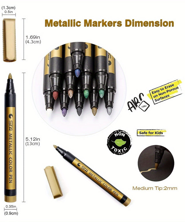 10 Colors Metallic Marker Pens - Medium Tip Permanent Paint Markers for Scrapbooking, Crafts & DIY Projects