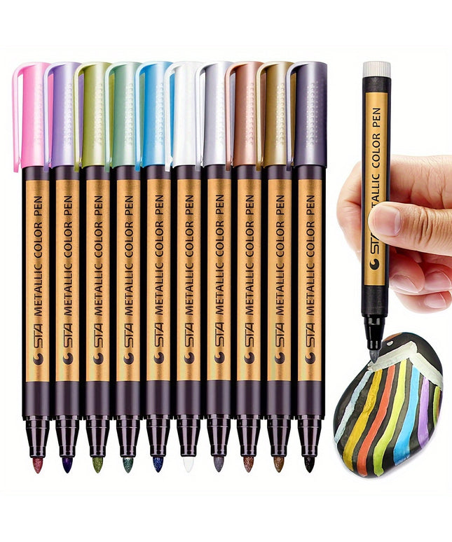 10 Colors Metallic Marker Pens - Medium Tip Permanent Paint Markers for Scrapbooking, Crafts & DIY Projects