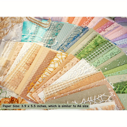 96 Sheets Textured Scrapbook Paper & Mesh Fabric Set - 6 Pack Mixed Media Paper for Junk Journal, Collage & Card Embellishments