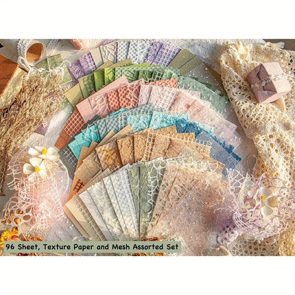 96 Sheets Textured Scrapbook Paper & Mesh Fabric Set - 6 Pack Mixed Media Paper for Junk Journal, Collage & Card Embellishments