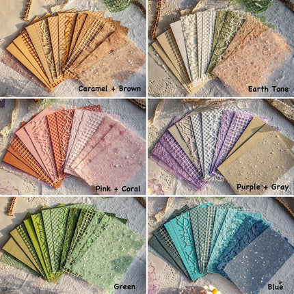 96 Sheets Textured Scrapbook Paper & Mesh Fabric Set - 6 Pack Mixed Media Paper for Junk Journal, Collage & Card Embellishments