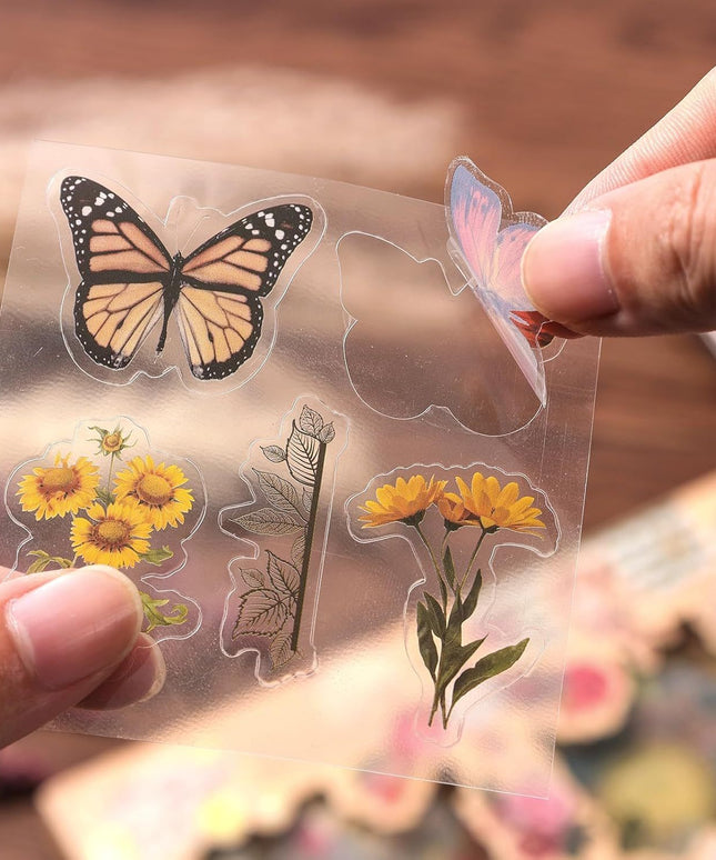 100 Sheets Vintage Scrapbook Stickers Transparent Stickers for Journaling Scrapbooking Supplies Butterfly Flowers Plant Stickers Kit Stationery Stickers