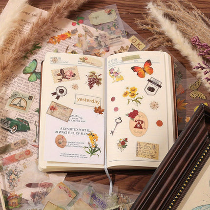 100 Sheets Vintage Scrapbook Stickers Transparent Stickers for Journaling Scrapbooking Supplies Butterfly Flowers Plant Stickers Kit Stationery Stickers