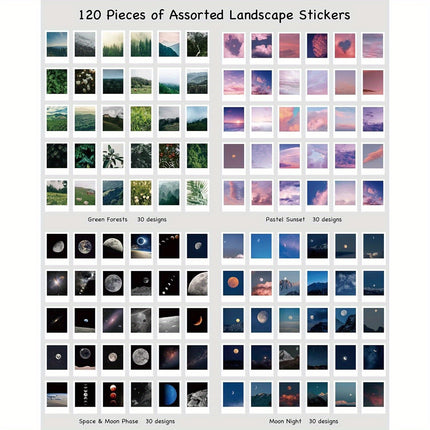 120 Sheets Landscape Nature Stickers Set - Aesthetic Mountain, Forest, Galaxy & Moon Phase Scenery for Scrapbooking, Junk Journals & Art Collage