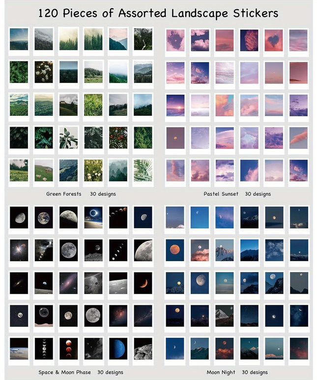 120 Sheets Landscape Nature Stickers Set - Aesthetic Mountain, Forest, Galaxy & Moon Phase Scenery for Scrapbooking, Junk Journals & Art Collage