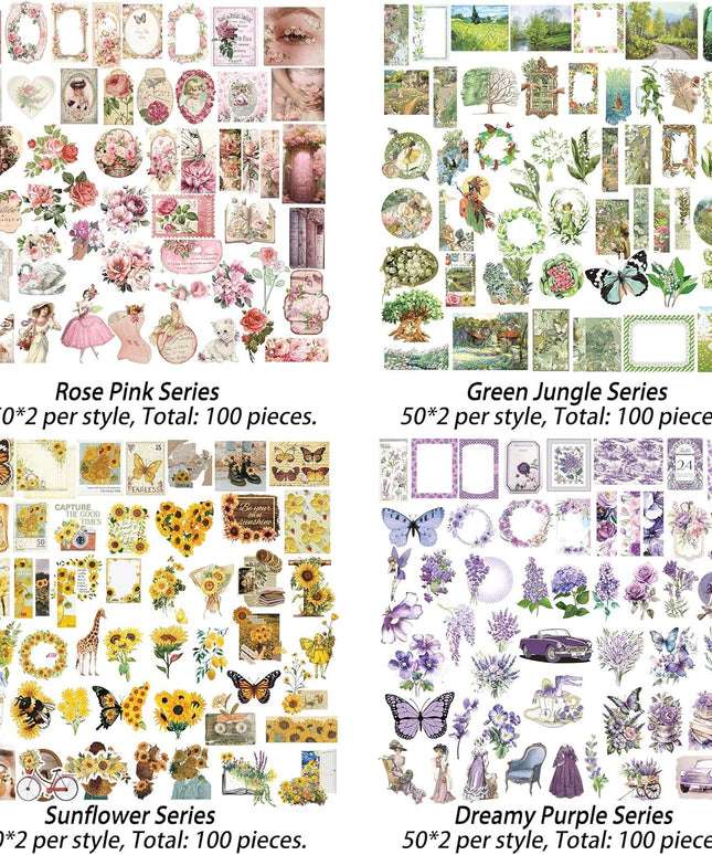 400-Piece Vintage Aesthetic Scrapbook Kit with Cottagecore Stickers & Washi Tape for Bullet Journals