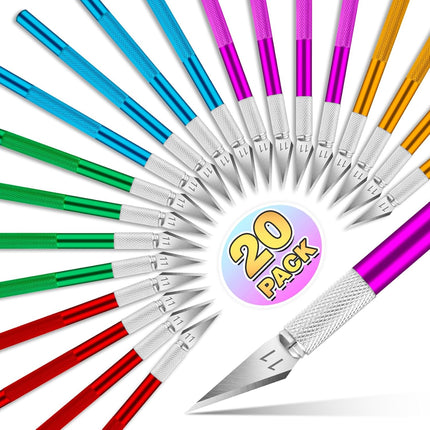 20 Pack Colored Precision Craft Knife Set - Exacto Knife with Blades for Paper, Cardboard, Wood, Hobby & DIY Art Projects