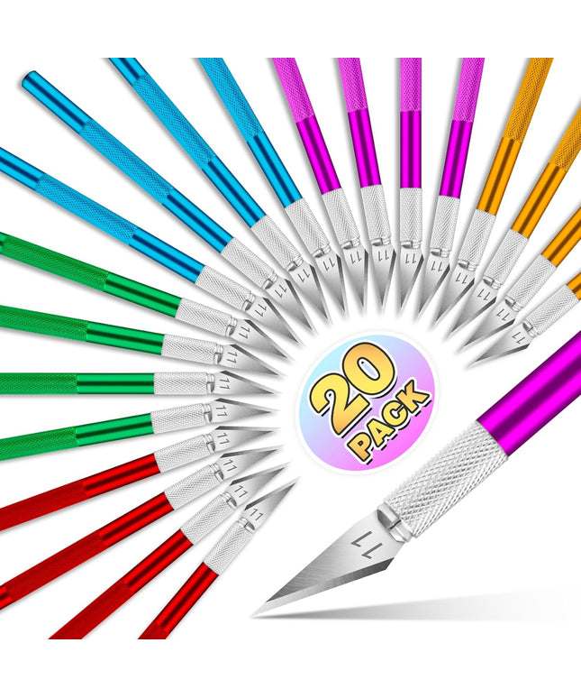 20 Pack Colored Precision Craft Knife Set - Exacto Knife with Blades for Paper, Cardboard, Wood, Hobby & DIY Art Projects