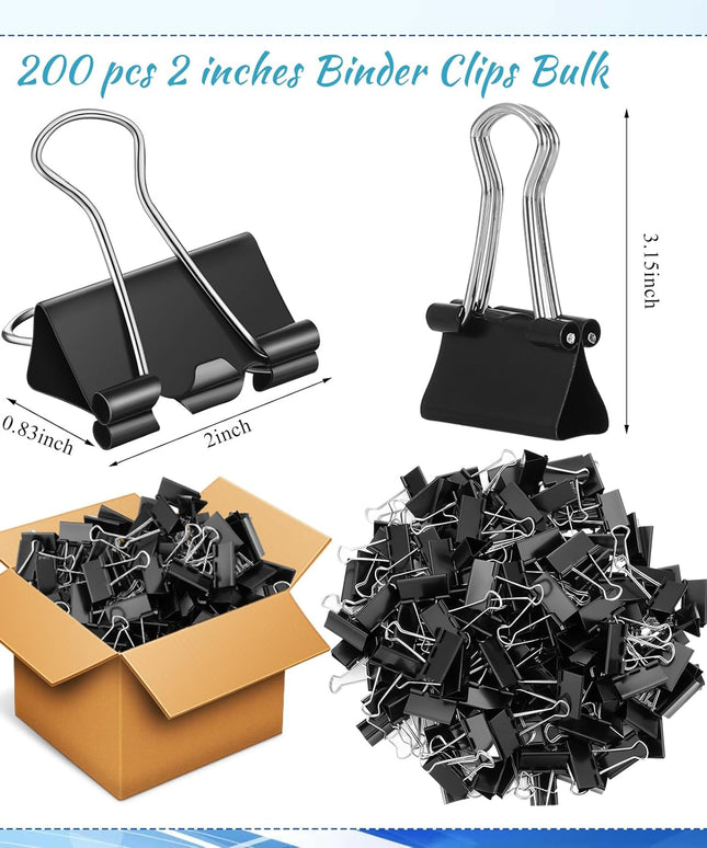 200pcs Extra Large 2 Inch Binder Clips Bulk - Jumbo Metal Black Paper Clamps for Office Supplies, Teachers, Students, Business