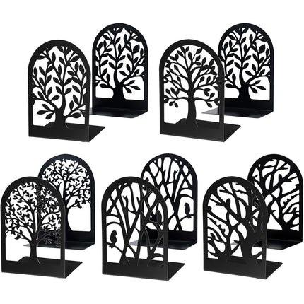5 Pairs of Decorative Tree Bookends for Shelves - Heavy Duty Black Metal Book Stoppers for Home, Office, School