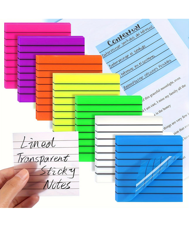 7 Pads Clear Waterproof Self Transparent Lined Sticky Notes for Office, Home, School 350 Sheets