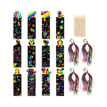 48 Pcs Animal Scratch Art Bookmark Kit - Magic Rainbow DIY Craft Set with 16 Wooden Styluses & 48 Satin Ribbons for Kids