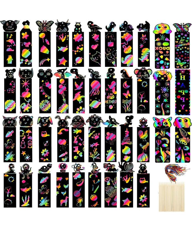 48 Pcs Animal Scratch Art Bookmark Kit - Magic Rainbow DIY Craft Set with 16 Wooden Styluses & 48 Satin Ribbons for Kids