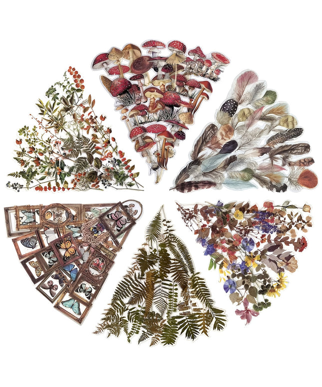 240 Pcs Waterproof Flower Stickers - PET Transparent Floral Mushroom Butterfly Fern Scrapbook Stickers for Journaling, Planners & DIY Crafts