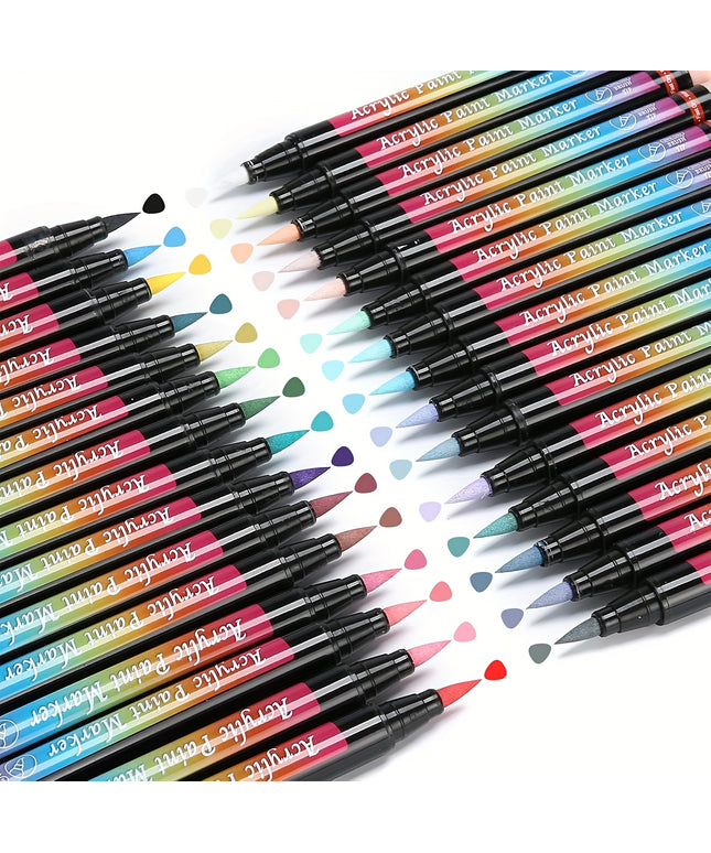30-Piece Soft Brush Tip Acrylic Paint Marker Pens Set | Waterproof Art Markers for Rock Painting, Fabric, Wood, Glass & Canvas Crafts