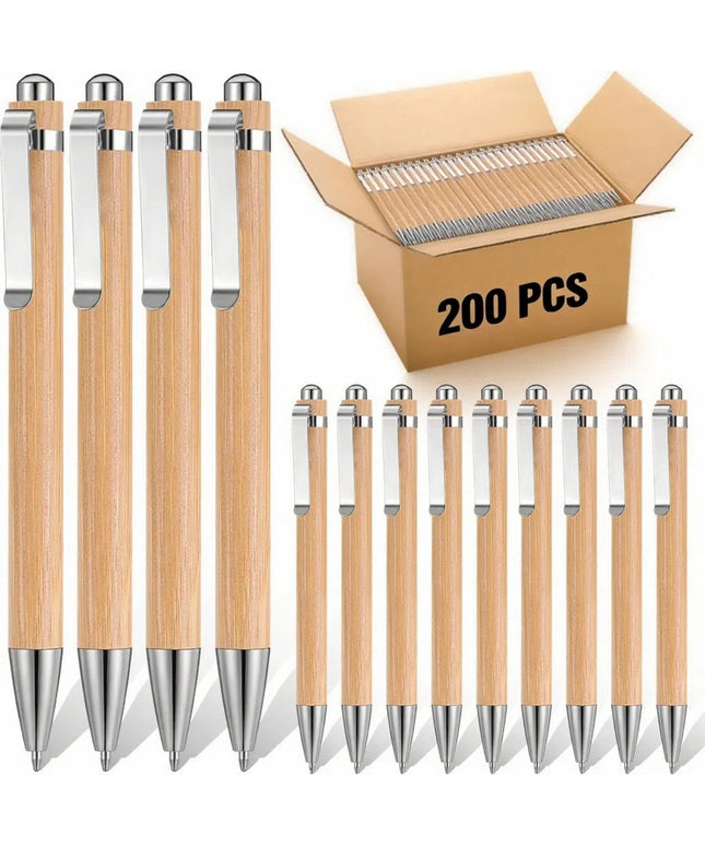 200 Pcs Bamboo Ballpoint Pens Bulk - Retractable Engravable Pens with 1mm Medium Point for Smooth Writing, Custom Corporate Gifts, Journaling Supplies