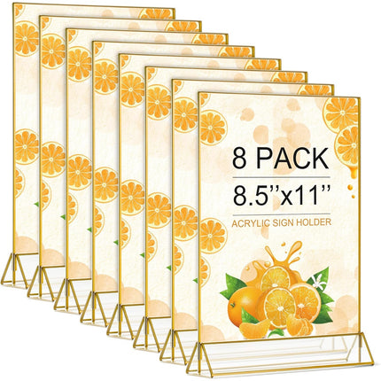 8pcs Gold Frame Acrylic Sign Holder 8.5x11 inch - Double Sided Table Menu Holders for Wedding, Restaurant & Events
