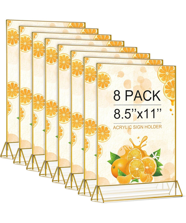 8pcs Gold Frame Acrylic Sign Holder 8.5x11 inch - Double Sided Table Menu Holders for Wedding, Restaurant & Events