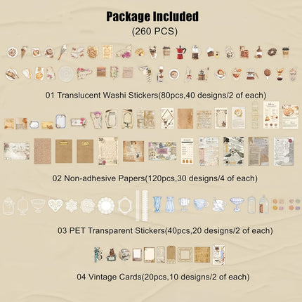 260PCS Vintage Scrapbooking Stickers Paper Pack for Journaling Junk Journal Planners Collage Craft Notebooks Album Coffee and Bread Theme