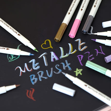 10pcs Metallic Brush Tip Marker Pens Set - Non-Toxic Water-Based Ink for Calligraphy, Card Making, Rock & Mug Painting