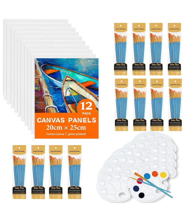 144 Piece Complete Art Painting Kit - 120 Wooden Brushes, 12 Canvases & 12 Palettes for Adults, Beginners & Artists, Bulk Canvas Painting Supplies