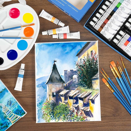 144 Piece Complete Art Painting Kit - 120 Wooden Brushes, 12 Canvases & 12 Palettes for Adults, Beginners & Artists, Bulk Canvas Painting Supplies