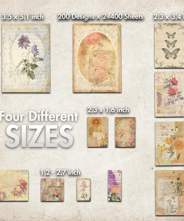 400 sheets/4 Pack Vintage Scrapbook Paper Kit for Journaling Crafts Planner Junk Journal Supplies Collage Card Album DIY