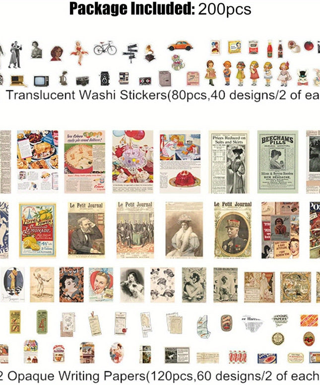 200PCS Vintage Scrapbooking Supplies Kit for Journaling, Bullet Journals Junk Journal Planners Aesthetic Cottagecore Room Decor Wall Art Collage Album