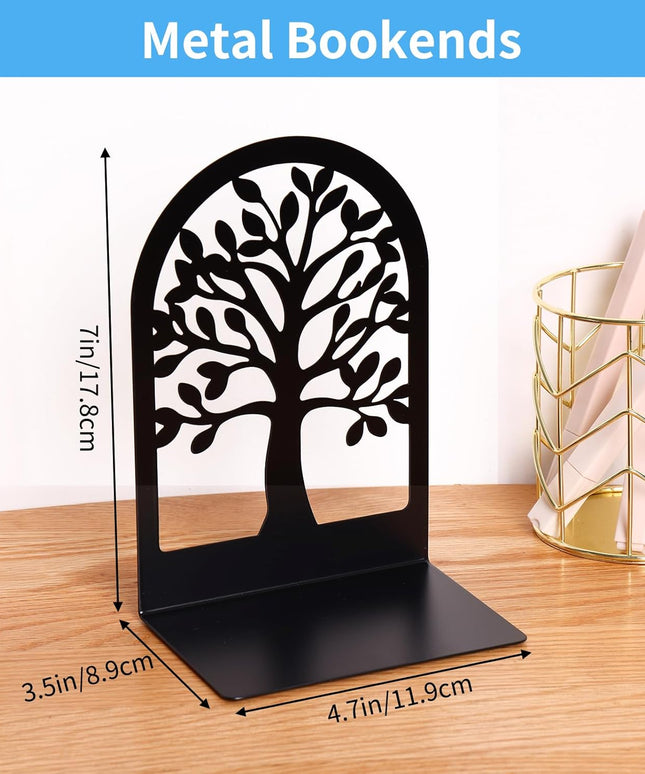 5 Pairs of Decorative Tree Bookends for Shelves - Heavy Duty Black Metal Book Stoppers for Home, Office, School
