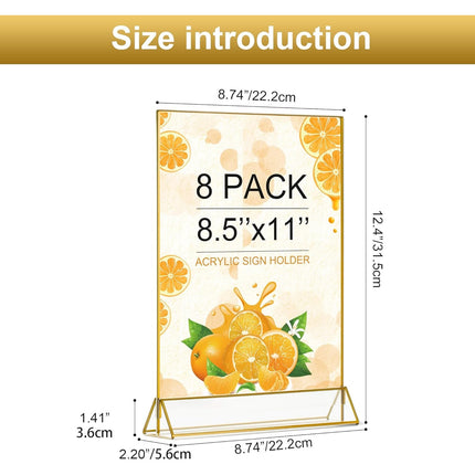 8pcs Gold Frame Acrylic Sign Holder 8.5x11 inch - Double Sided Table Menu Holders for Wedding, Restaurant & Events