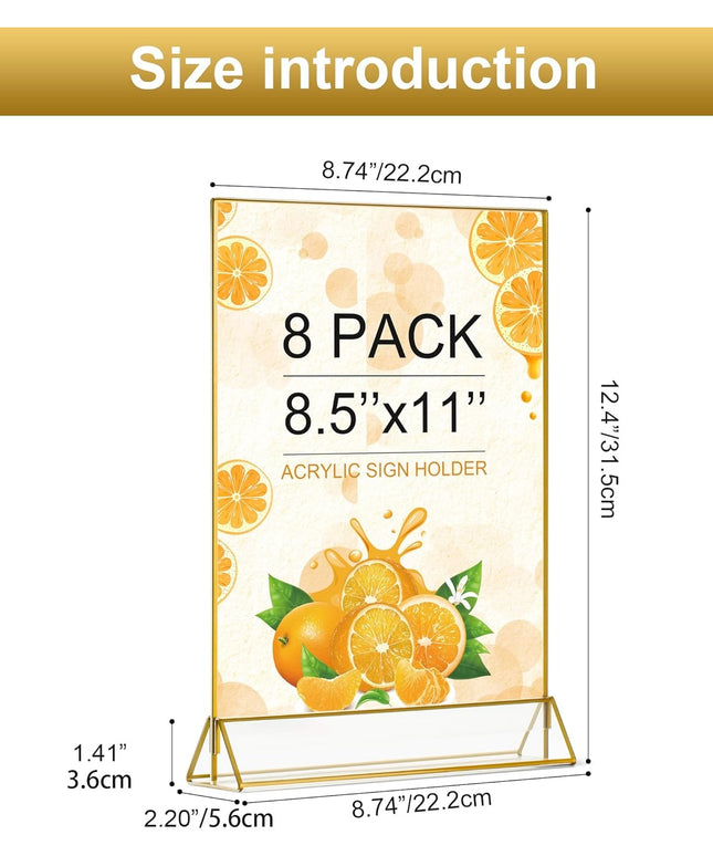 8pcs Gold Frame Acrylic Sign Holder 8.5x11 inch - Double Sided Table Menu Holders for Wedding, Restaurant & Events