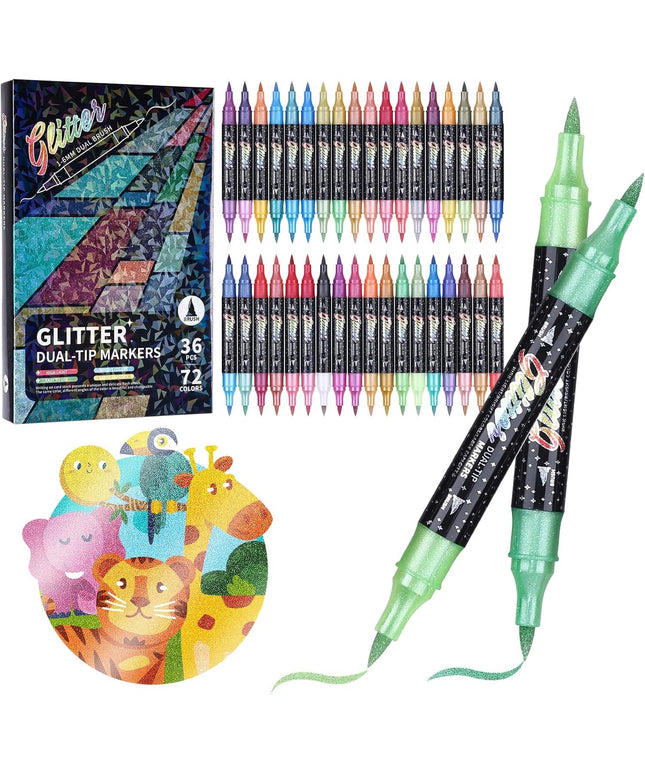 36pcs Glitter Markers 72 Colors Dual Tip, Metallic Sparkle Pen Set for Adult Coloring, Card Making, DIY Craft Projects, Drawing, Doodling & Journaling Supplies