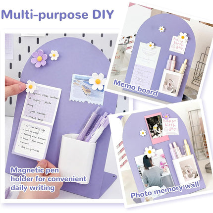 3pcs Magnetic Memo Board with Stand, 8x11 Inch Metal Bulletin Board with Magnetic Pen Holder & Flower Pins for Home Office Desk