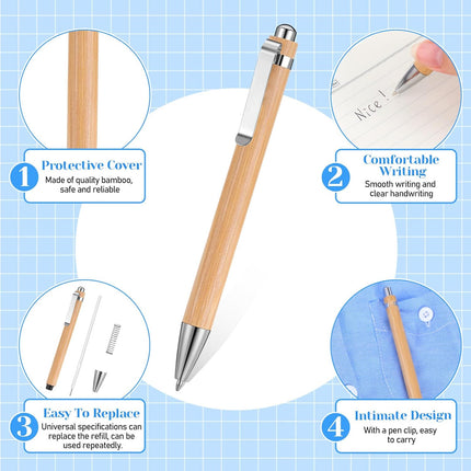 200 Pcs Bamboo Ballpoint Pens Bulk - Retractable Engravable Pens with 1mm Medium Point for Smooth Writing, Custom Corporate Gifts, Journaling Supplies