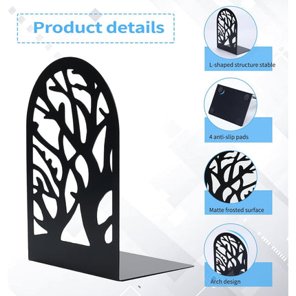 5 Pairs of Decorative Tree Bookends for Shelves - Heavy Duty Black Metal Book Stoppers for Home, Office, School