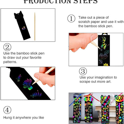 48 Pcs Animal Scratch Art Bookmark Kit - Magic Rainbow DIY Craft Set with 16 Wooden Styluses & 48 Satin Ribbons for Kids