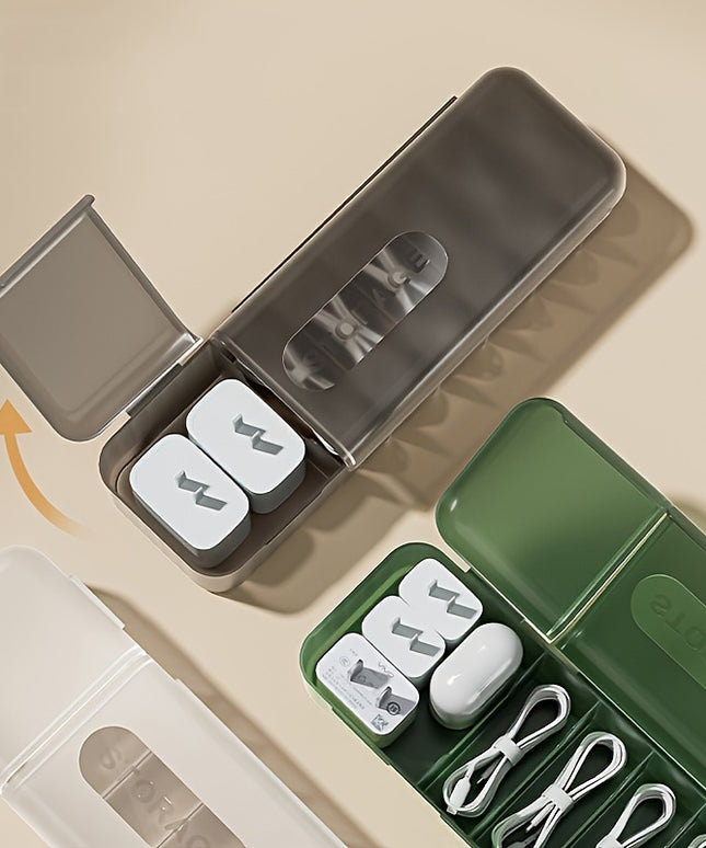 7-Compartment Data Cable Organizer Box | USB Cord Storage Management Case for Desk Accessories | Multi-Purpose Small Item Organizer