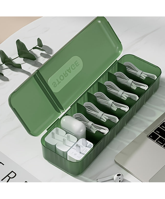 7-Compartment Data Cable Organizer Box | USB Cord Storage Management Case for Desk Accessories | Multi-Purpose Small Item Organizer